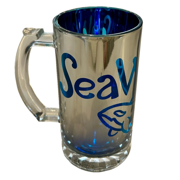 SeaWorld Reflective Coating Chrome Orca Glass Mug Mouth Blown Killer Whale - Picture 1 of 9